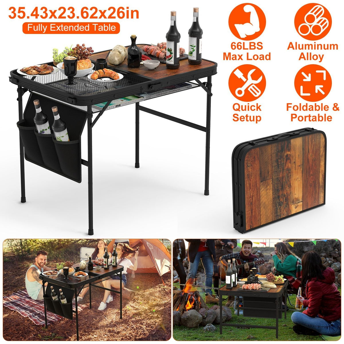 35.43x23.62x26in Foldable Camping Table Collapsible Picnic Aluminum Alloy Grill Stand 66LBS Max Load Height Adjustable BBQ Table with Adjustable Heigh