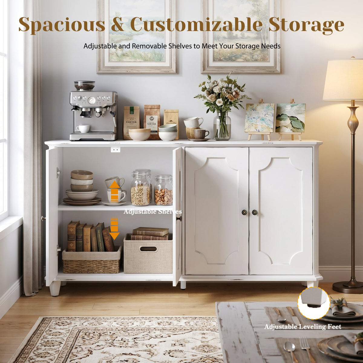 Vintage Distressed Sideboard Buffet Cabinet with Ample Storage - Distressed White