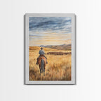 Cowboy leading cattle across golden prairie, Framed Canvas Print, western landscape wall art for rustic farmhouse decor, gift idea holiday