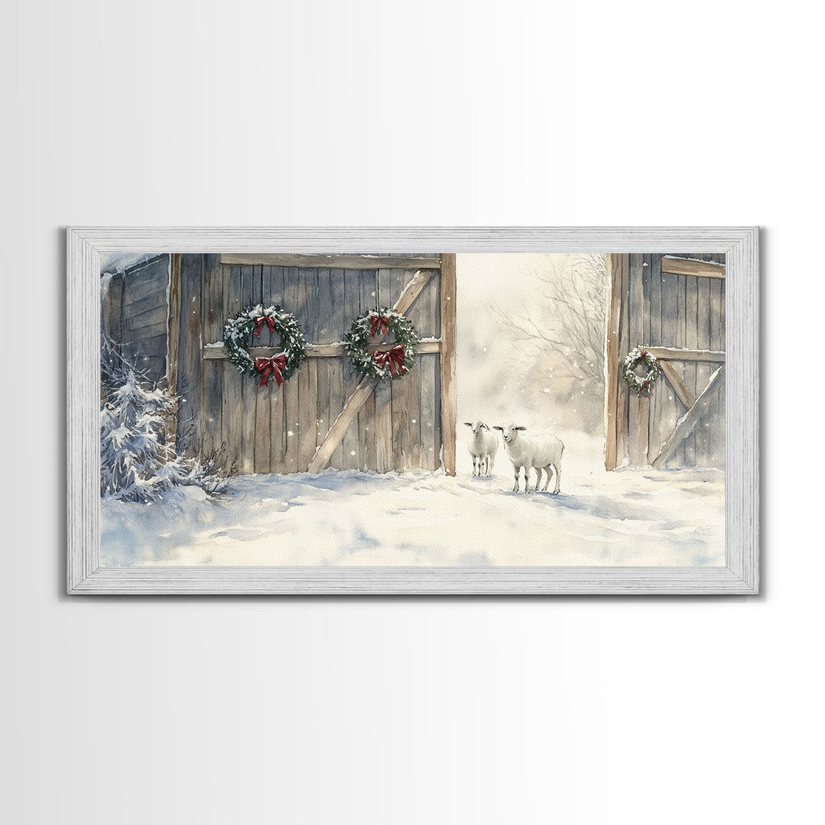 Christmas decor farmhouse Framed Canvas Print snowy barn Christmas scene holiday wall art best gift Christmas decor Christmas tree art 2024