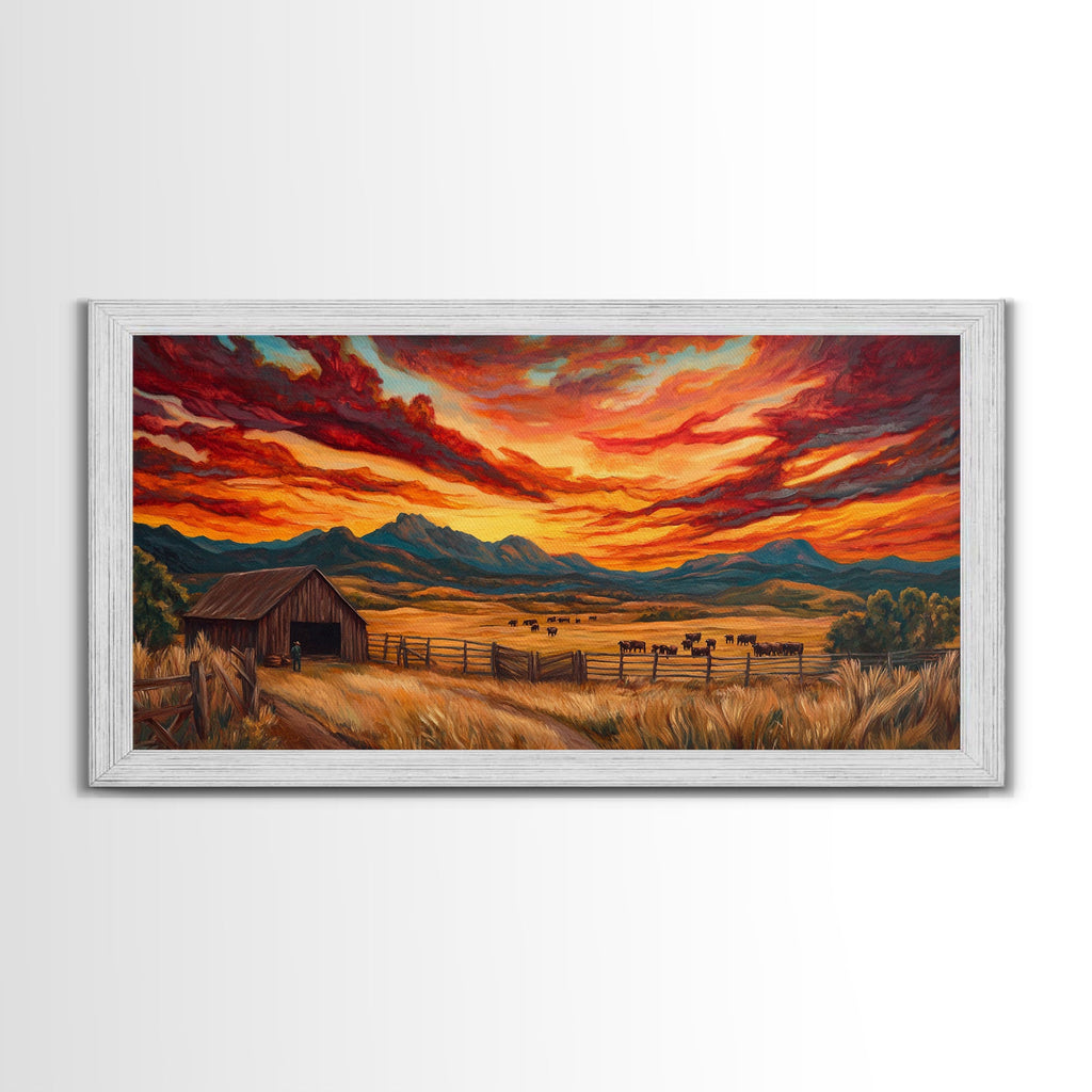 Sunset Ranch Framed Canvas Print Western Farmhouse Landscape Autumn Wall Art Large Fall Country Home Decor Above Sofa Art Piece