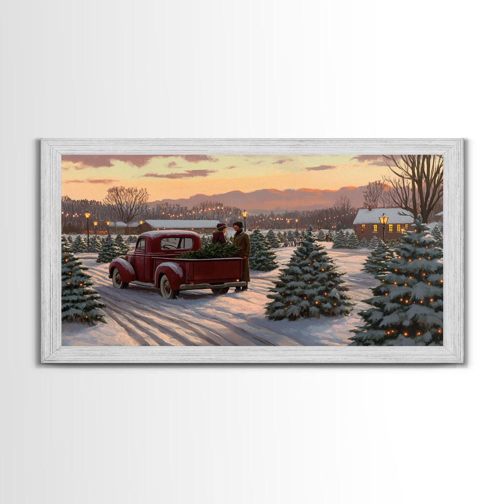 Christmas Tree Farm Framed Canvas Print, Red Truck Winter Scene, Farmhouse Christmas Decor, Christmas Vacation Decor, Holiday Art Gift