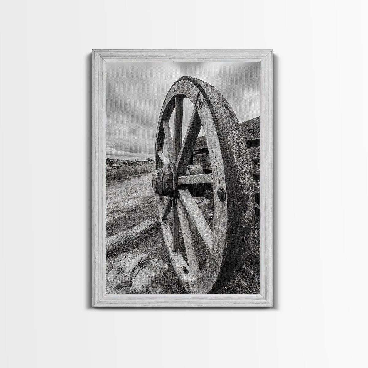 Rustic Wagon Wheel, Country Road, Western Wall Decor, Framed Canvas Print, Farmhouse Style, Living Room Art, Vintage Photography