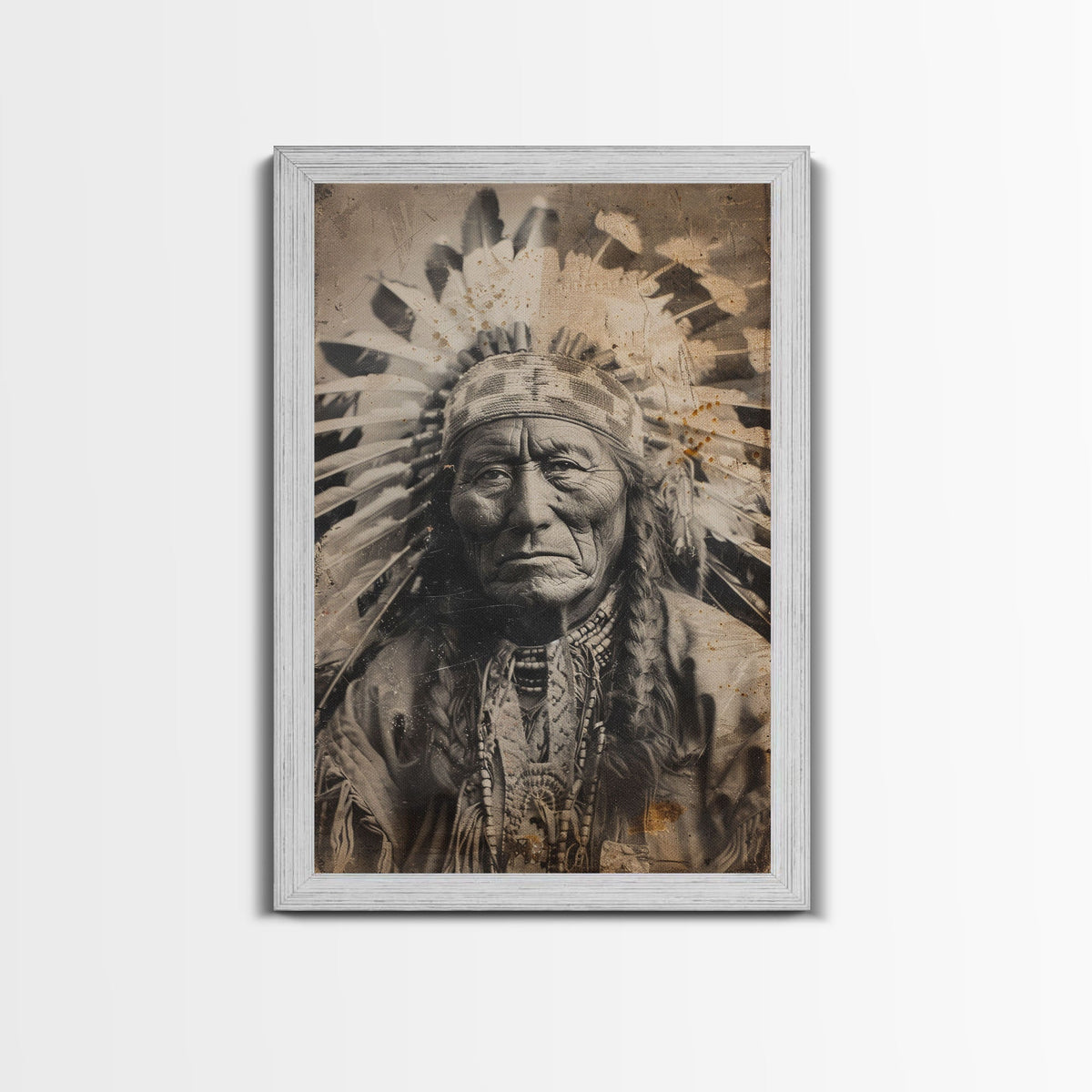 Native American Chief Portrait - Sepia Canvas Print, Historical Wall Art, Indigenous Art for Home, Rustic Native American Decor