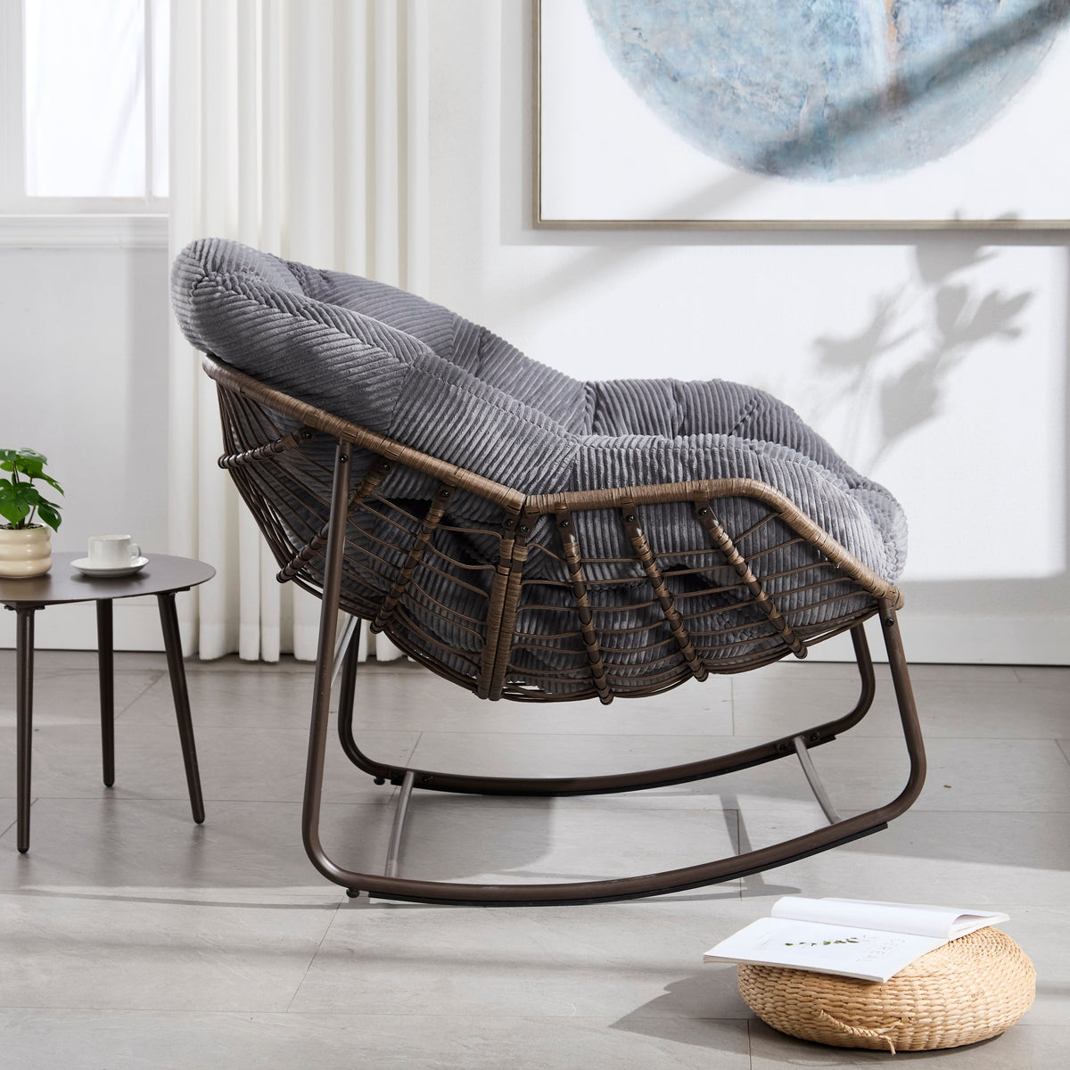 Outdoor Rattan Rocking Chair,Padded Cushion Rocker Recliner Chair Outdoor for Front Porch, Living Room, Patio, Garden, Grey