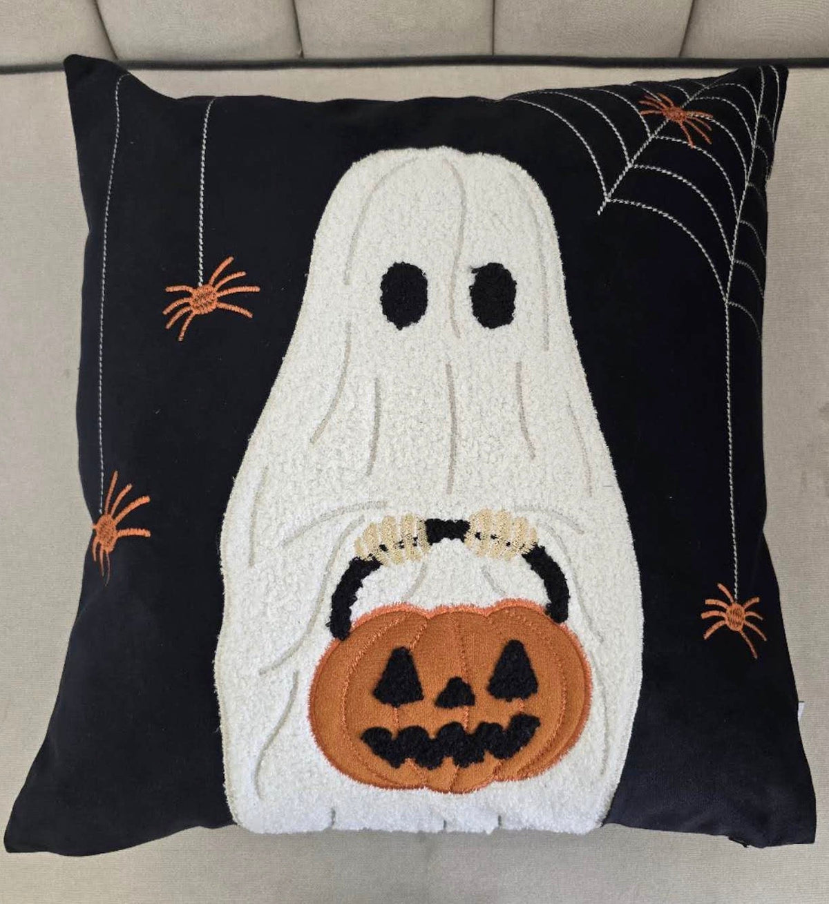 Halloween Ghost Throw Pillow with Embroidered Pumpkin Bucket - Velvet