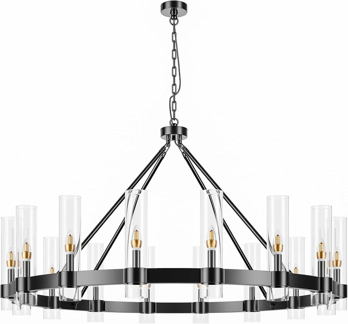 48 Inch Black Wagon Wheel Chandelier with Glass Shade