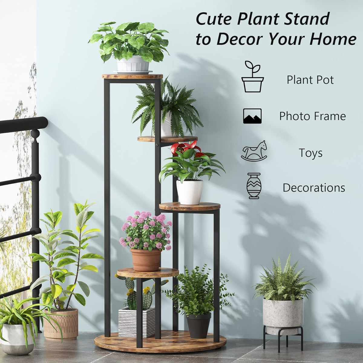 4 Tier Corner Plant Stand with Metal Frame - Rustic Brown
