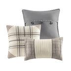 Printed Herringbone Quilt Set 6 Piece with Throw Pillows - Gray Plaid