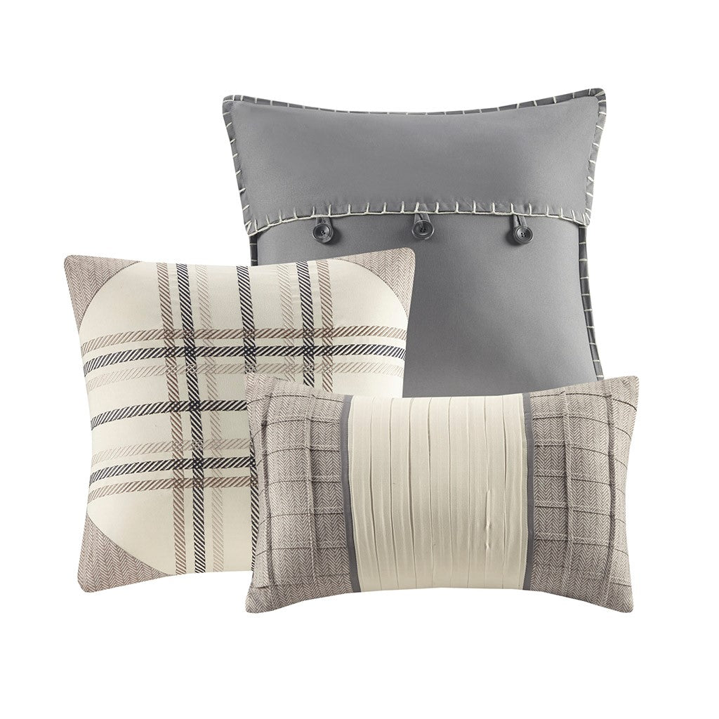 Printed Herringbone Quilt Set 6 Piece with Throw Pillows - Gray Plaid