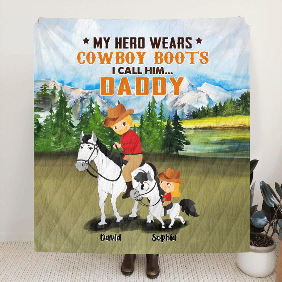 Personalized Dad Riding Horse Fleece Throw Blanket/Quilt - Father's Day Gift Idea For Horse Lovers - My Hero Wears Cowboy Boots, I Call Him Daddy — product image