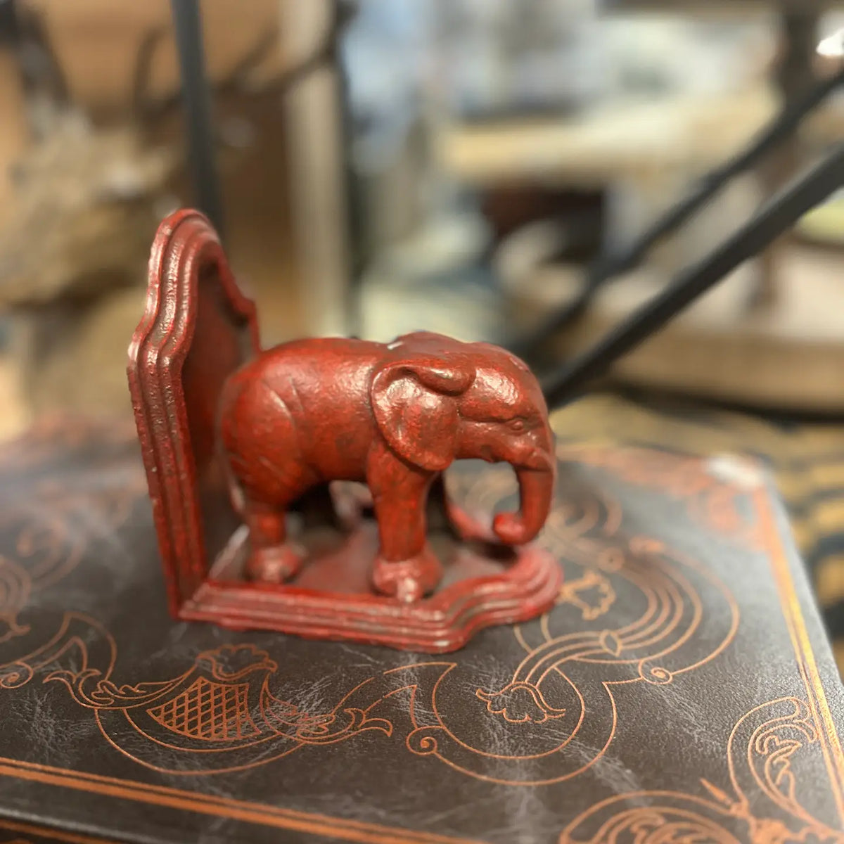 Antiqued Red Cast-Iron Elephant Bookend