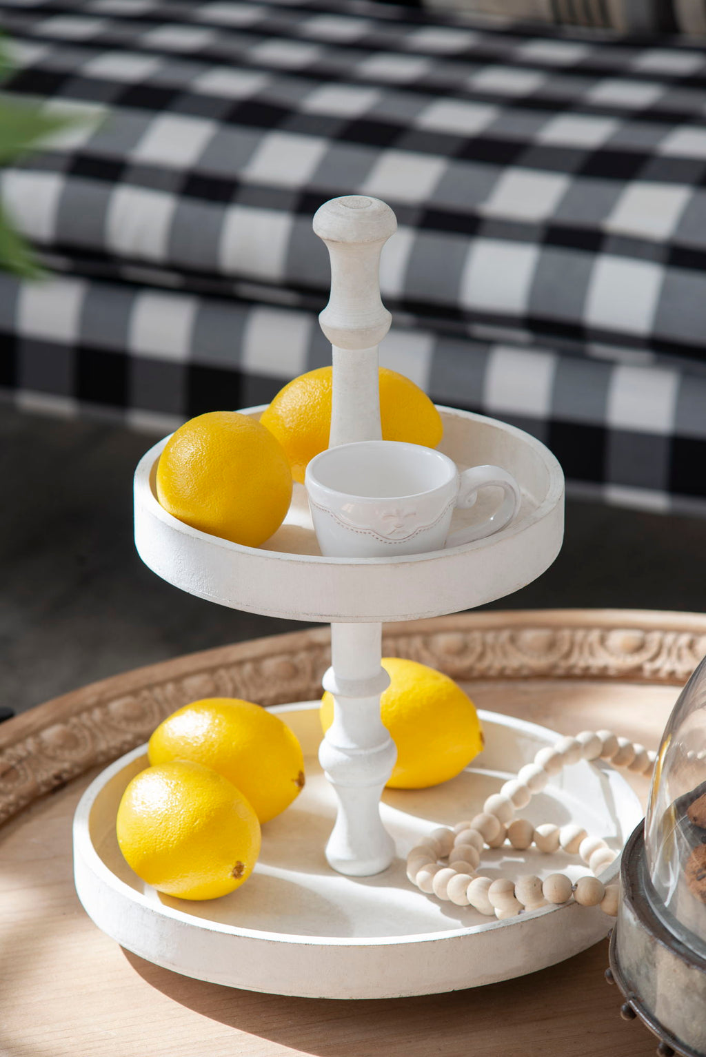 Two Tiered Round Wooden Tray with Farmhouse Style - White