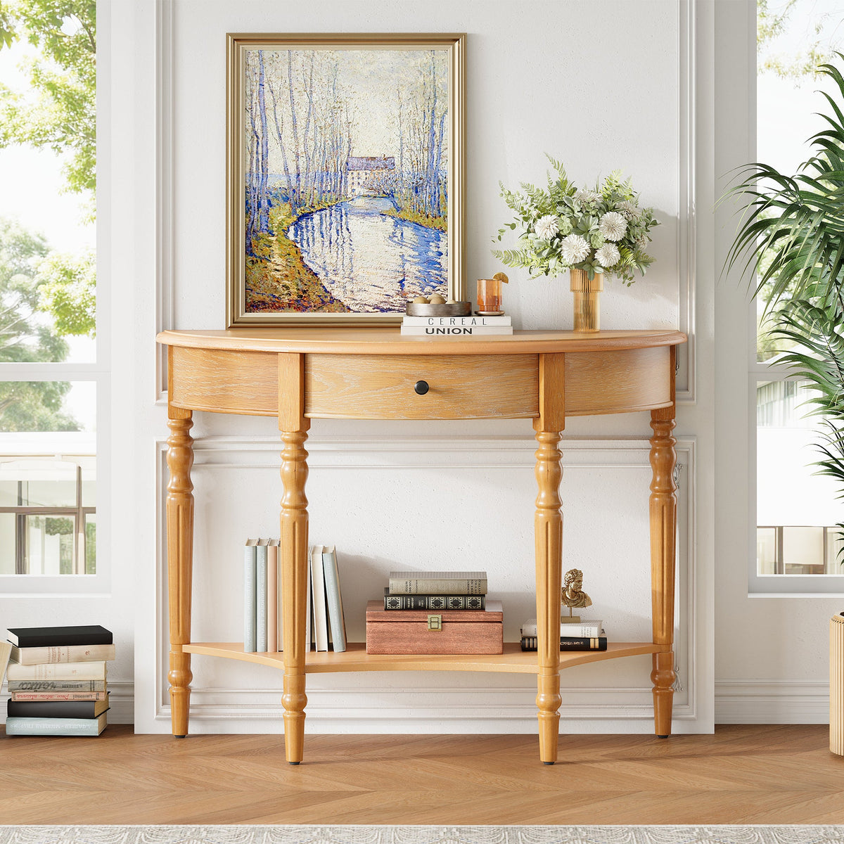 Farmhouse Half Moon Console Table with Drawer & Shelf - Rustic Finish