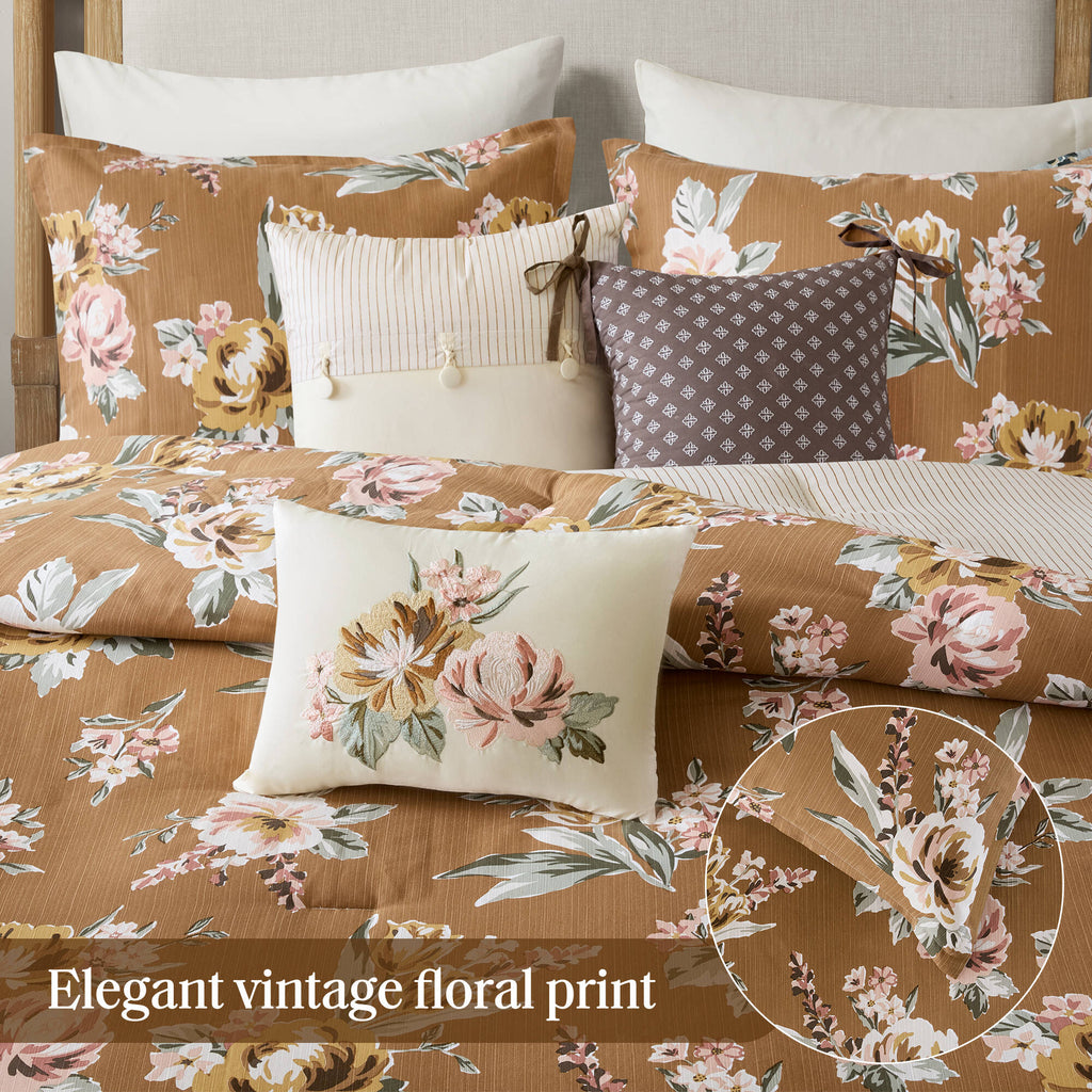 7-Piece Queen Vin Floral Comforter Set with Floral Design - Terracotta