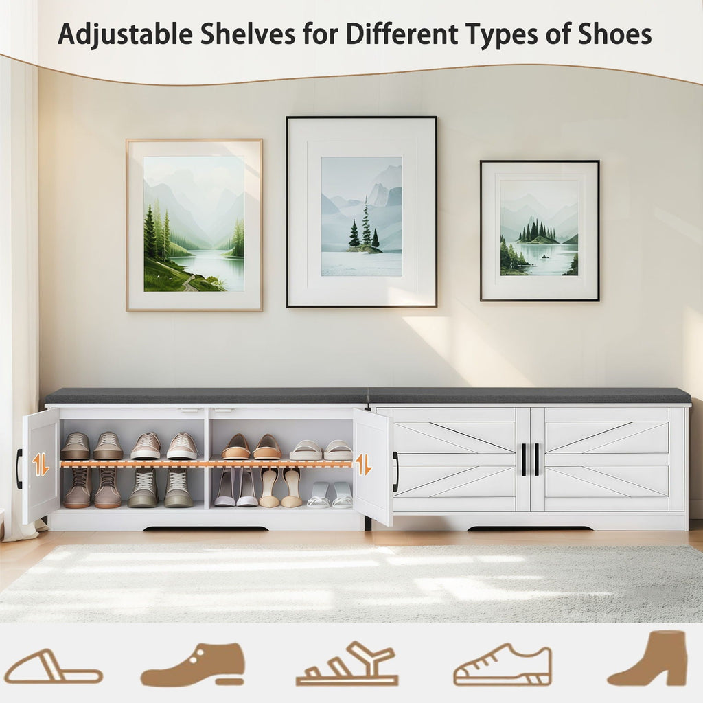 2 Tier Shoe Bench With Padded Seat, 2 Barn Doors And Adjustable Shelves, For Entryway And Living Room - White