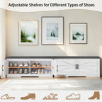 2 Tier Shoe Bench With Padded Seat, 2 Barn Doors And Adjustable Shelves, For Entryway And Living Room - White