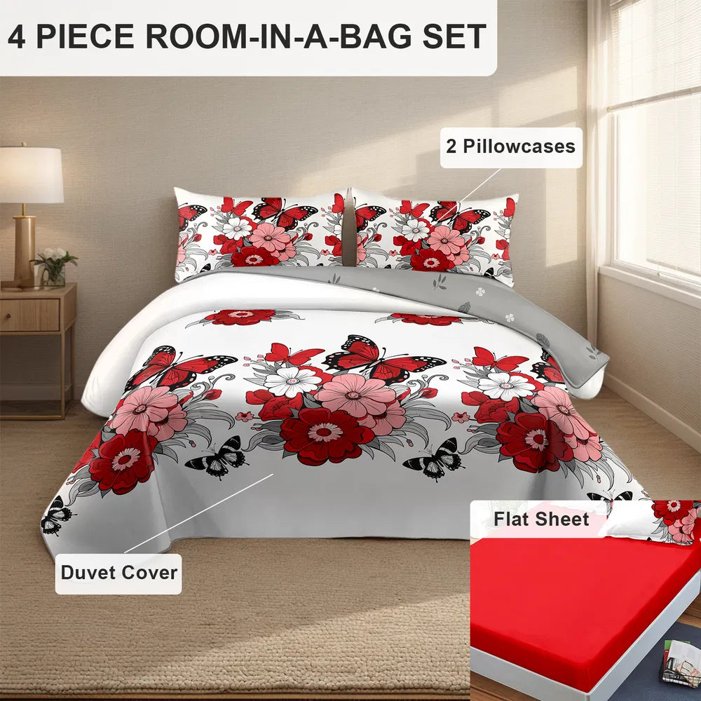 4-Piece Red Butterfly Floral Bedding Set - Microfiber Duvet Cover + Pillow Shams + Fitted Bed Sheet