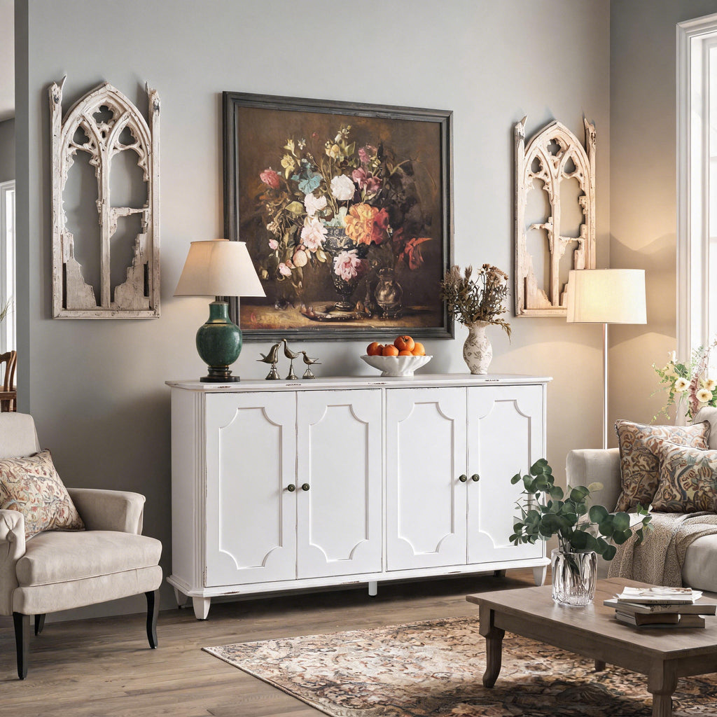 Vintage Distressed Sideboard Buffet Cabinet with Ample Storage - Distressed White