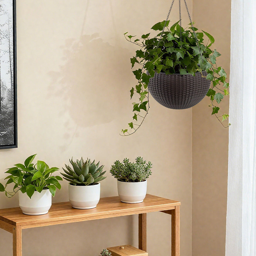 Self Watering Hanging Planter with Water Level Indicator - White, Black, or Dark Brown