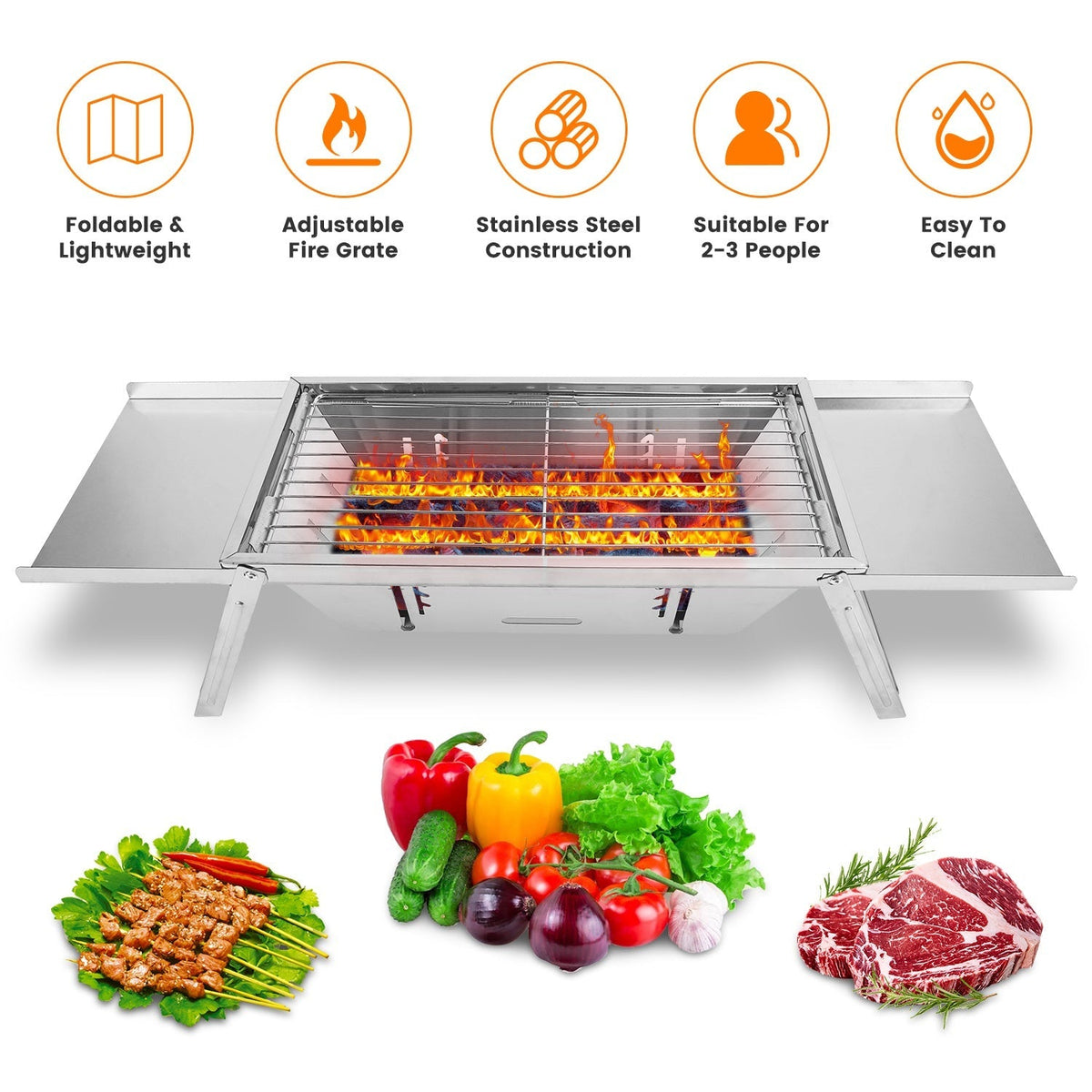 3 In 1 Foldable Charcoal Grill Fire Pit Slow Cooker 2-3 People Portable Camping Grill Stainless Steel BBQ Grill for Camping Tailgating Yard