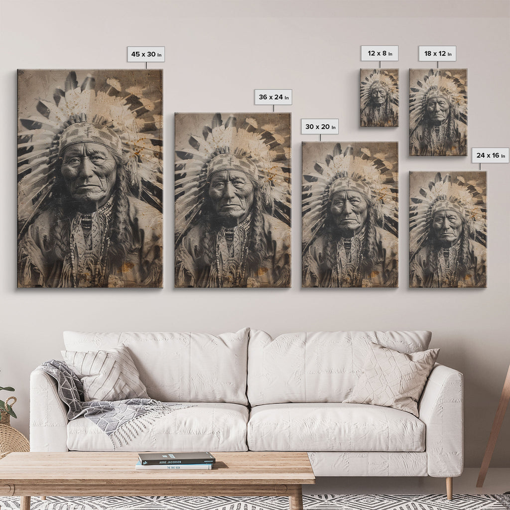 Native American Chief Portrait - Sepia Canvas Print, Historical Wall Art, Indigenous Art for Home, Rustic Native American Decor
