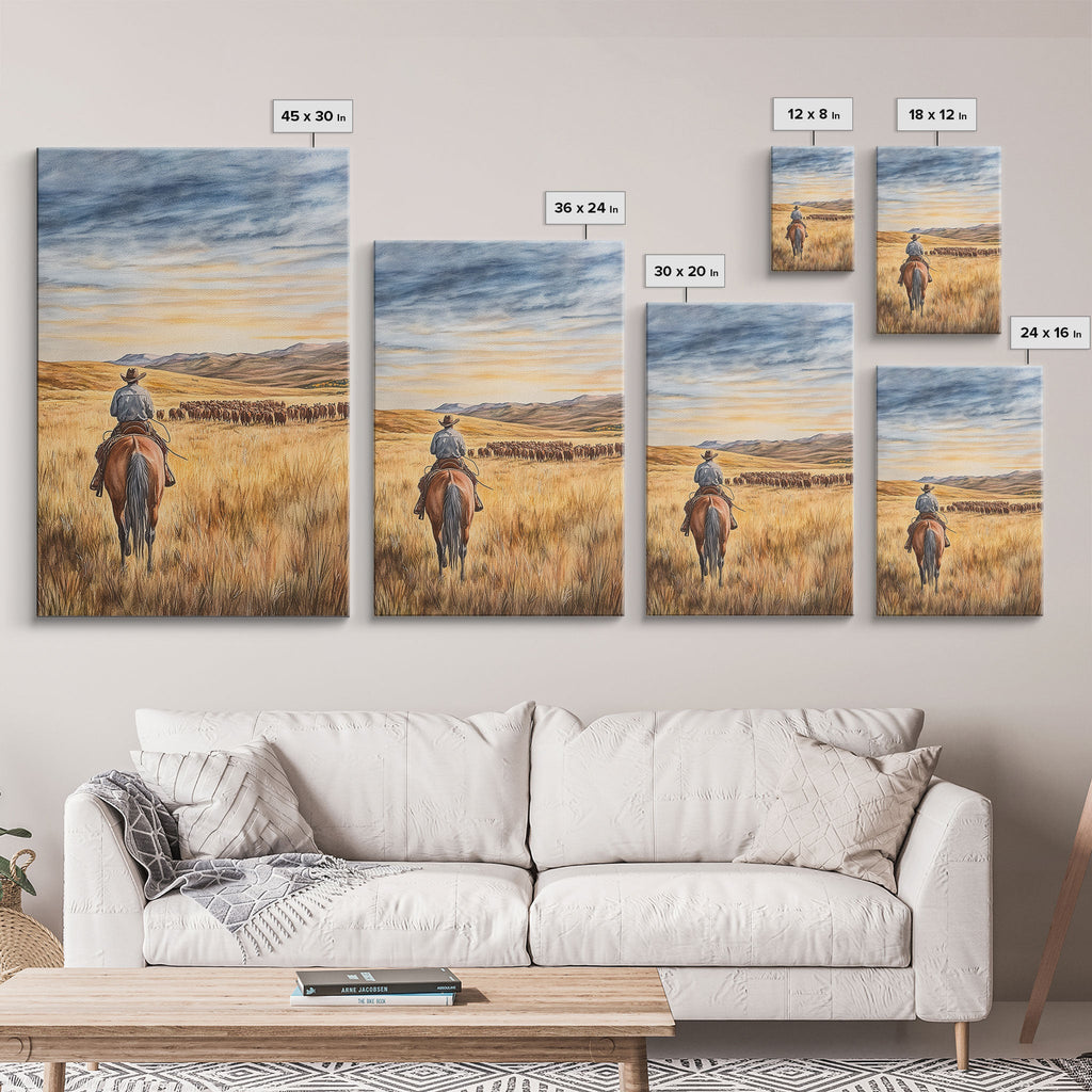 Cowboy leading cattle across golden prairie, Framed Canvas Print, western landscape wall art for rustic farmhouse decor, gift idea holiday