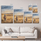 Cowboy leading cattle across golden prairie, Framed Canvas Print, western landscape wall art for rustic farmhouse decor, gift idea holiday