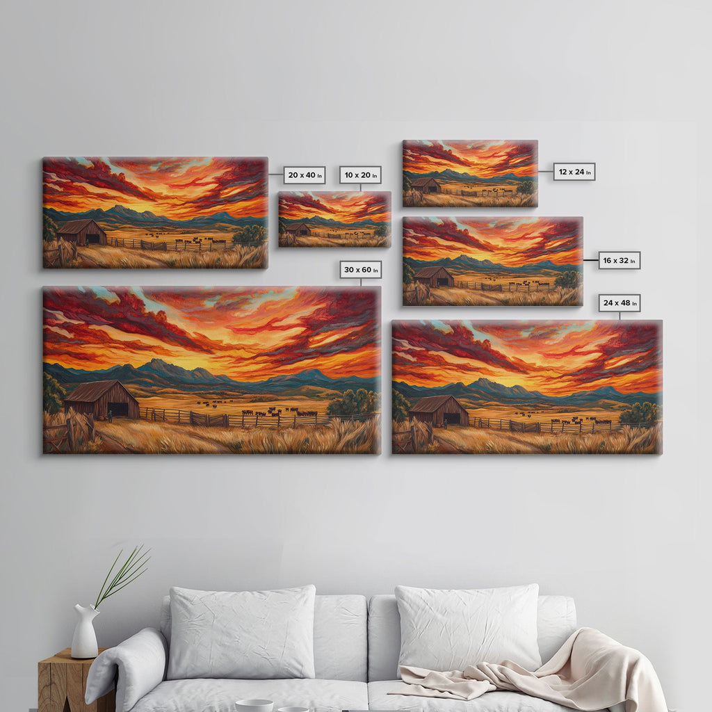 Sunset Ranch Framed Canvas Print Western Farmhouse Landscape Autumn Wall Art Large Fall Country Home Decor Above Sofa Art Piece