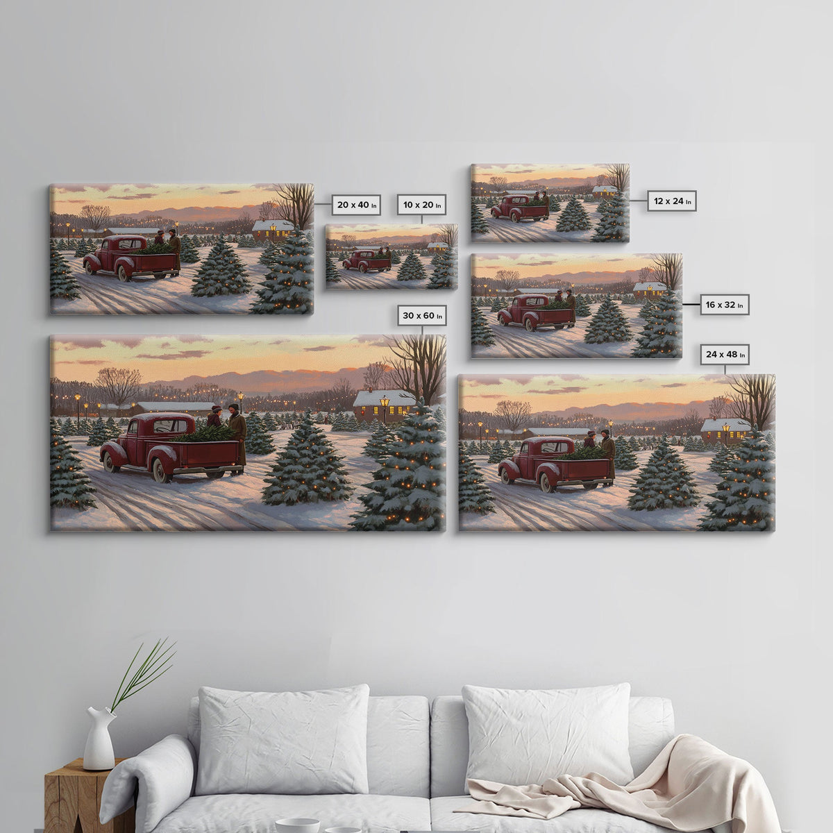 Christmas Tree Farm Framed Canvas Print, Red Truck Winter Scene, Farmhouse Christmas Decor, Christmas Vacation Decor, Holiday Art Gift