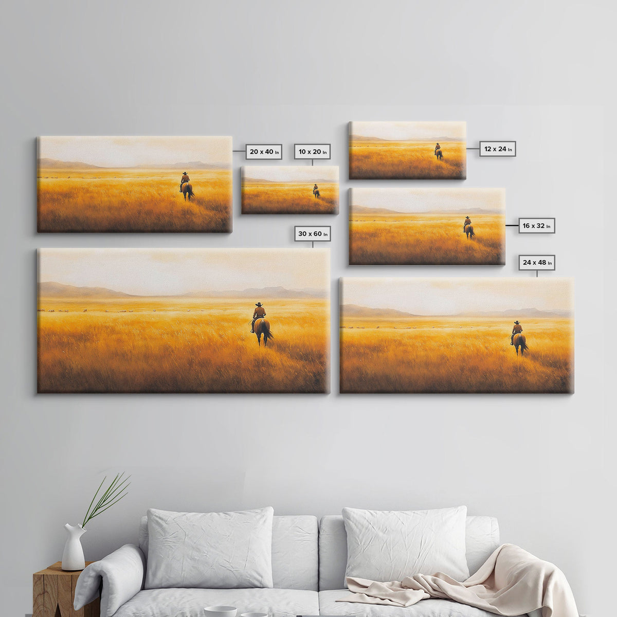 Herding Cattle Across Plains Framed Canvas Print Tall Art Rustic Autumn Landscape Western Country Decor Fall Home Wall Art Farmhouse Gift