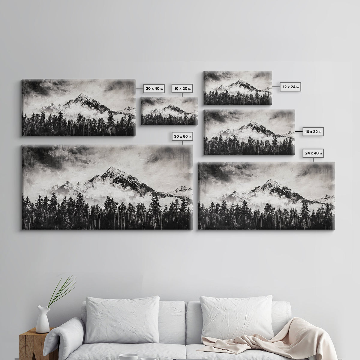 Mountain Landscape, Black and White, Framed Canvas Print, Nature Wall Art, Rustic Home Decor, Modern Farmhouse, Large Wall Art