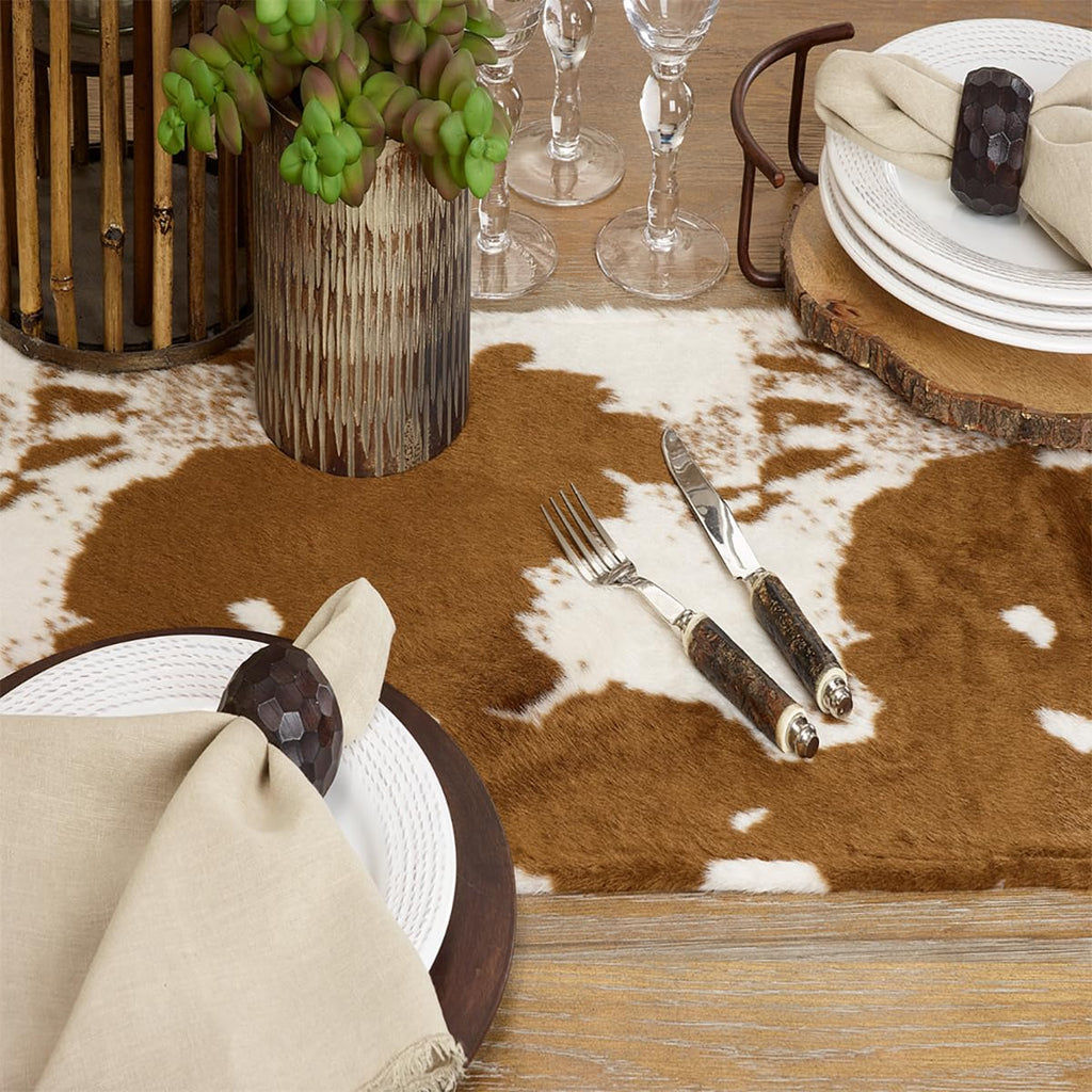 Fennco Styles Rustic Faux Fur Cowhide Table Runner 16 x 72 Inch – Brown Table Runner for Banquets, Family Gathering, Special Events, and Home Décor
