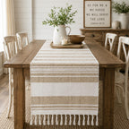 Fennco Styles Farmhouse Cotton Jute Table Runner with Tassel Fringe 14 x 72 Inch - Rustic Natural and Ivory Woven Table Cover for Kitchen, Dining — product image