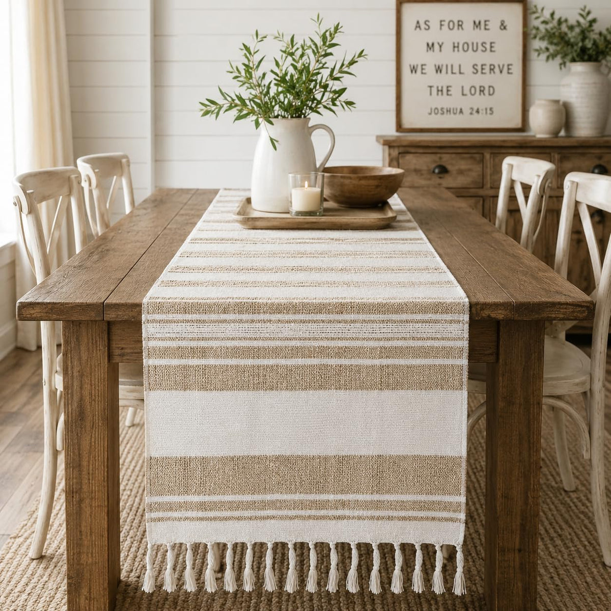 Fennco Styles Farmhouse Cotton Jute Table Runner with Tassel Fringe 14 x 72 Inch - Rustic Natural and Ivory Woven Table Cover for Kitchen, Dining — product image