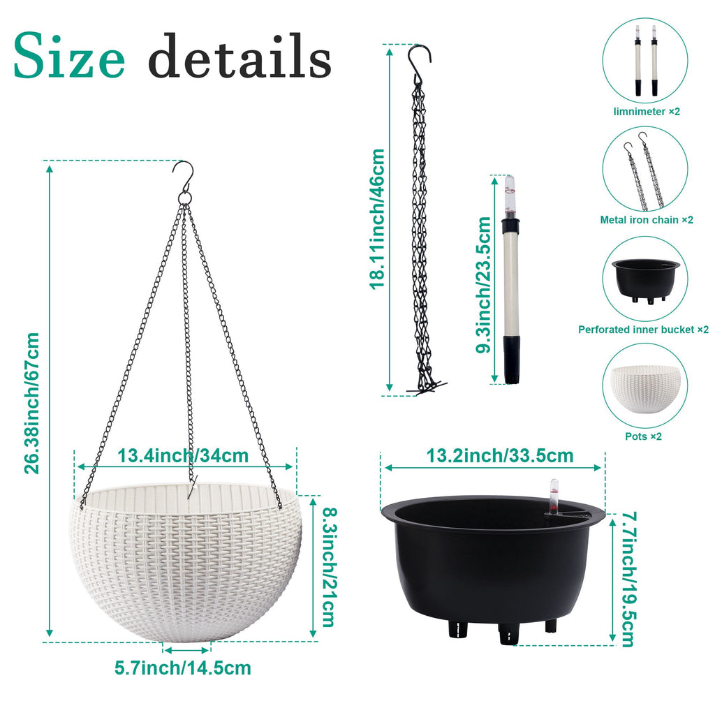 Self Watering Hanging Planter with Water Level Indicator - White, Black, or Dark Brown