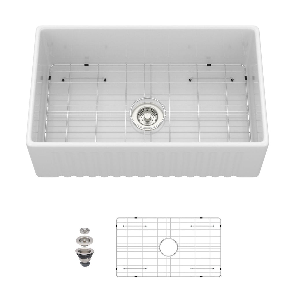 Apron-Front Reversible Single Bowl Kitchen Sink with Accessories - White — product image