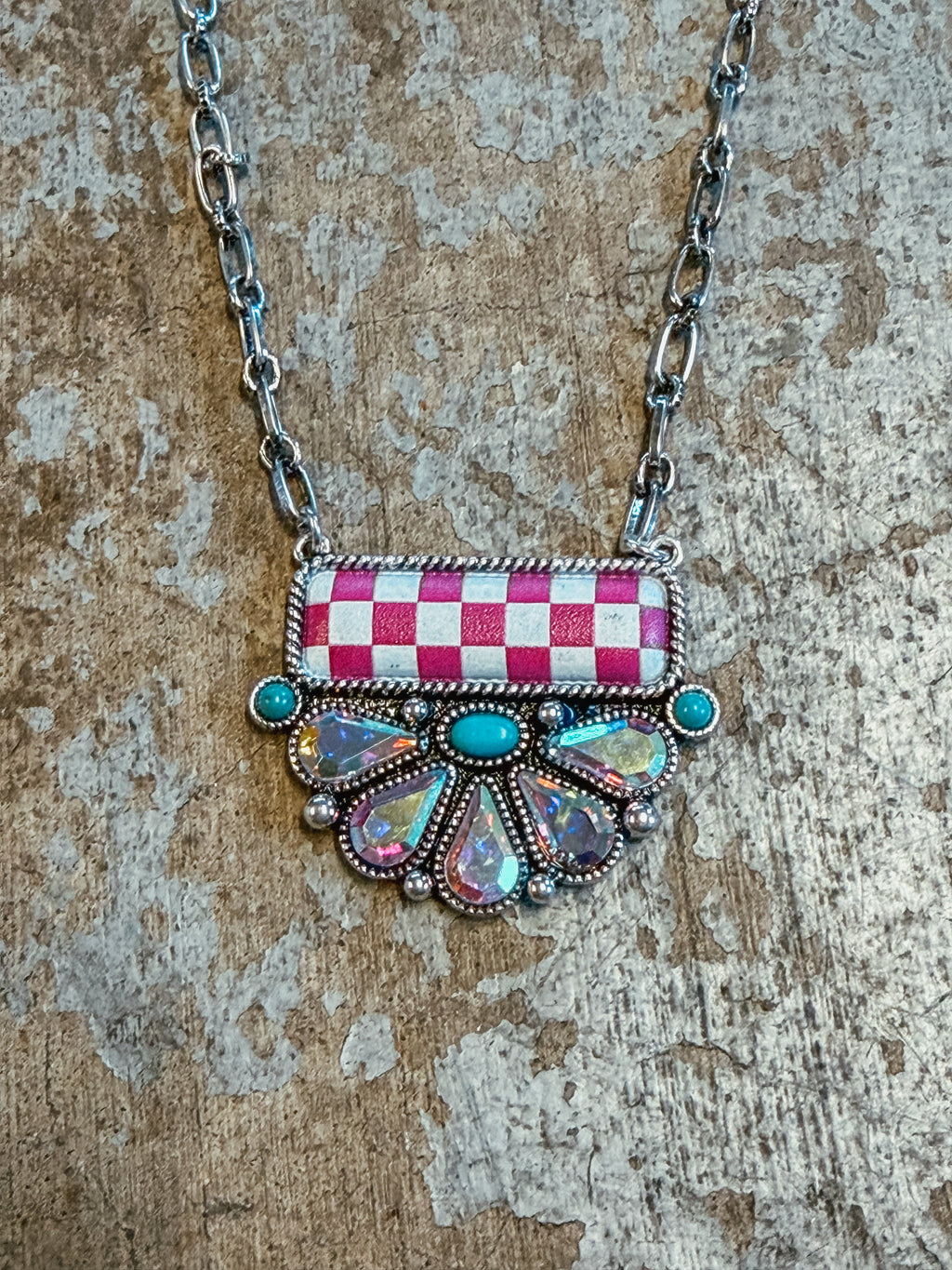 Pink Checkered Crystal Fan Pendant Necklace – Turquoise Accent Western Glam Necklace