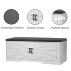 2 Tier Shoe Bench With Padded Seat, 2 Barn Doors And Adjustable Shelves, For Entryway And Living Room - White