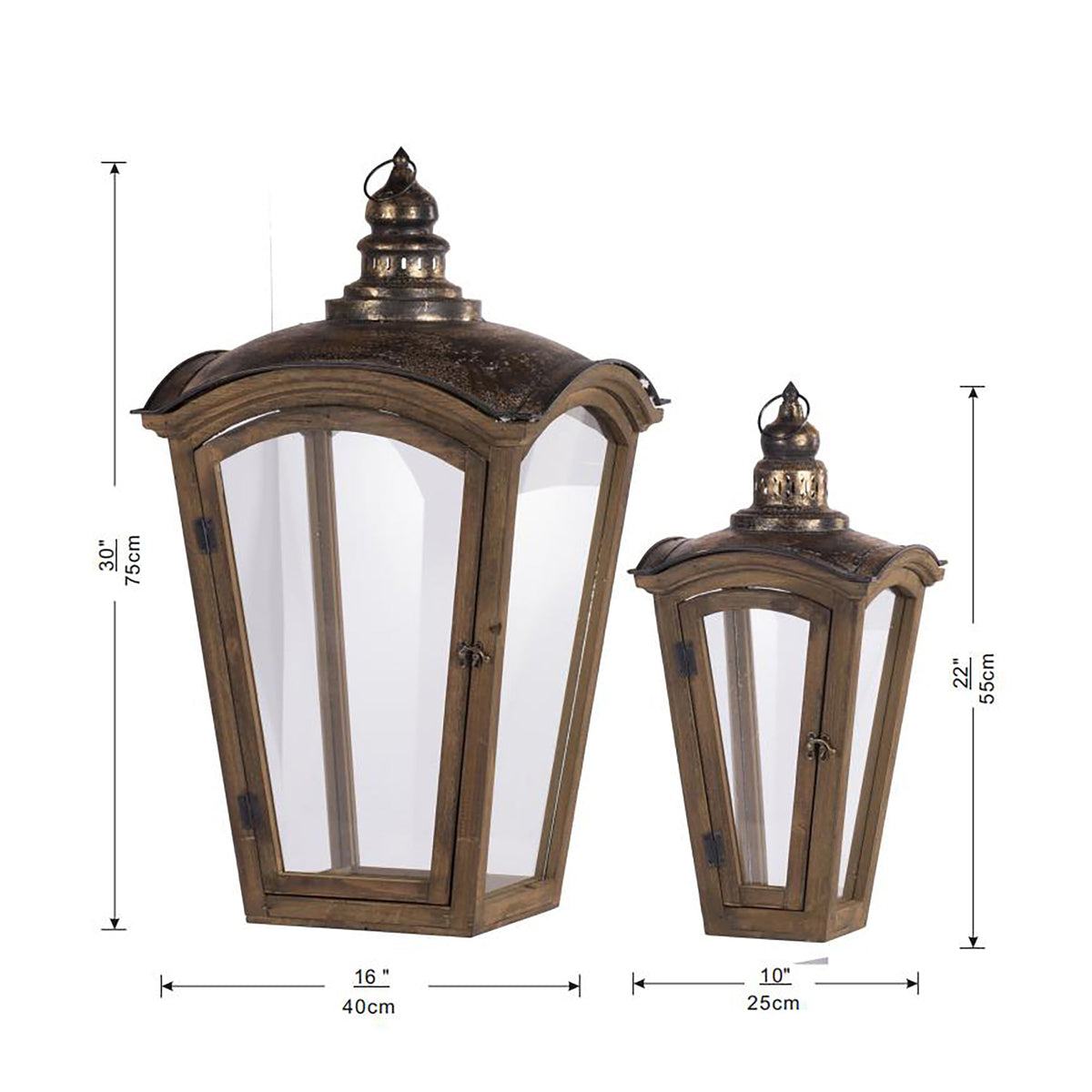 Coach House Lanterns Set of 2 with Fir Wood & Iron Construction - Brown