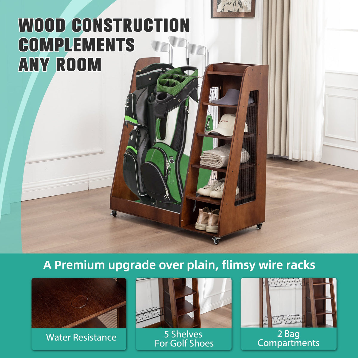 Premium Wooden Golf Bag Organizer with Two-Bag Capacity - Rustic Brown