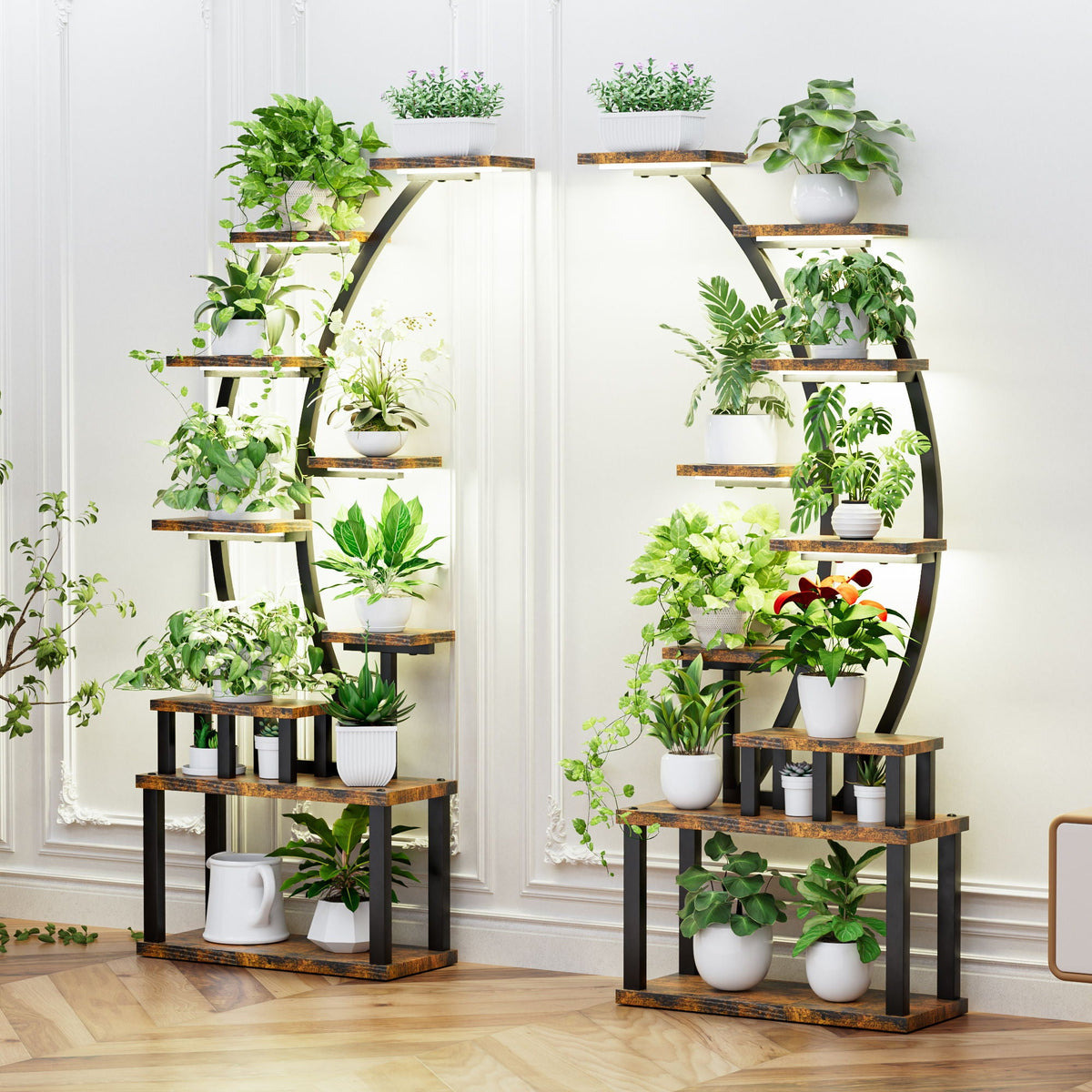 9 Tiered Indoor Plant Stand with 5 Adjustable Grow Lights - Light Brown