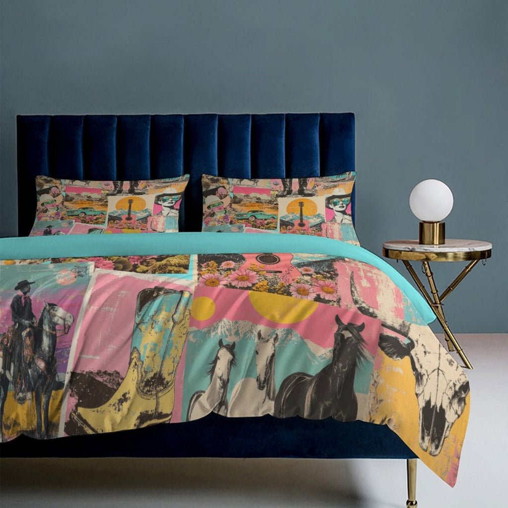 Baha Ranch Retro Pop Western 3-Piece Bedding Set (1 Duvet Cover + 2 Pillow Shams) – 102"×90"