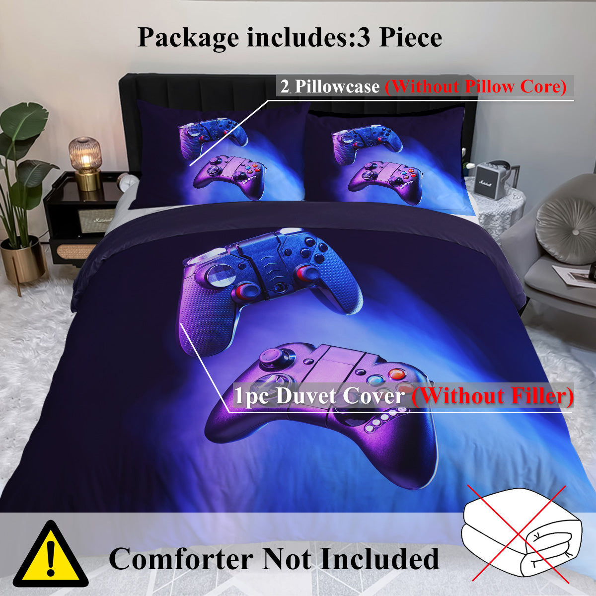 Boys Gamer Duvet Cover Set,Gamepad Bedding Set Kids Young Man Video Games Down Comforter For Teen Child Game Room Decor