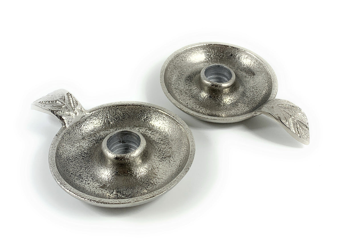 Vibhsa Silver Taper Candlestick Holder Dish | Set of 2, Leaf Handle, Rustic Aluminum — product image