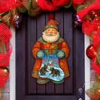 Handcrafted Wooden Santa Door Hanger with Gifts & Bears – Rustic Christmas Holiday Decoration for Front Door by G. DeBrekht - Christmas Santa Snowman Décor – 8652845H