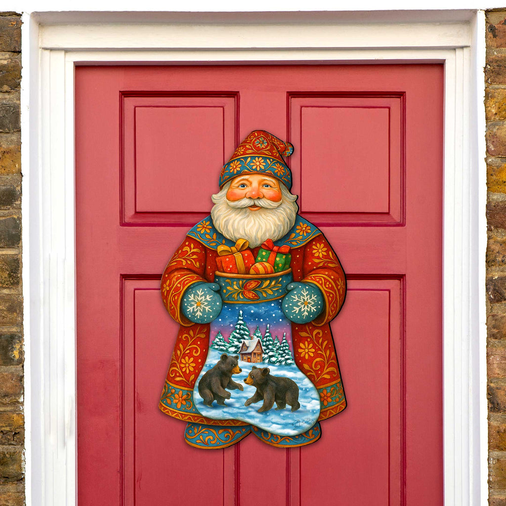 Handcrafted Wooden Santa Door Hanger with Gifts & Bears – Rustic Christmas Holiday Decoration for Front Door by G. DeBrekht - Christmas Santa Snowman Décor – 8652845H