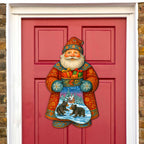Handcrafted Wooden Santa Door Hanger with Gifts & Bears – Rustic Christmas Holiday Decoration for Front Door by G. DeBrekht - Christmas Santa Snowman Décor – 8652845H