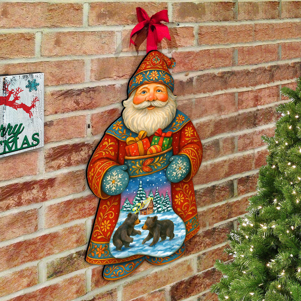 Handcrafted Wooden Santa Door Hanger with Gifts & Bears – Rustic Christmas Holiday Decoration for Front Door by G. DeBrekht - Christmas Santa Snowman Décor – 8652845H