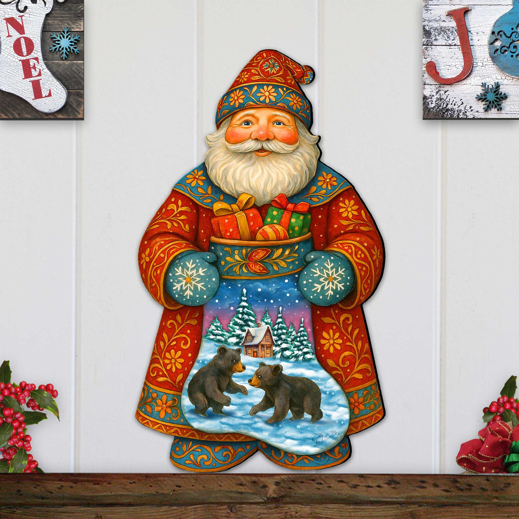 Handcrafted Wooden Santa Door Hanger with Gifts & Bears – Rustic Christmas Holiday Decoration for Front Door by G. DeBrekht - Christmas Santa Snowman Décor – 8652845H